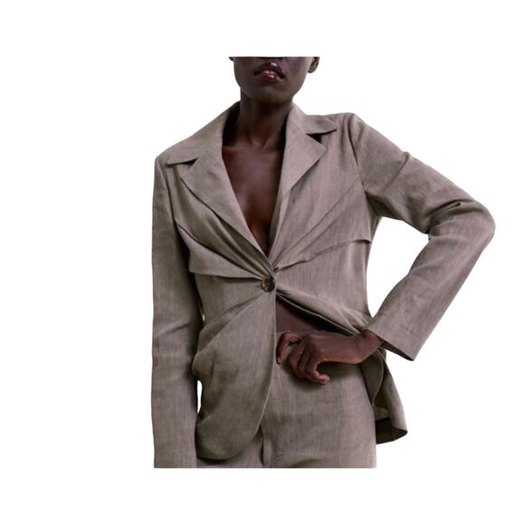 Zara Brown Tailored Blazer Suit Jacket Pleats Linen Blend size Medium - Picture 6 of 11
